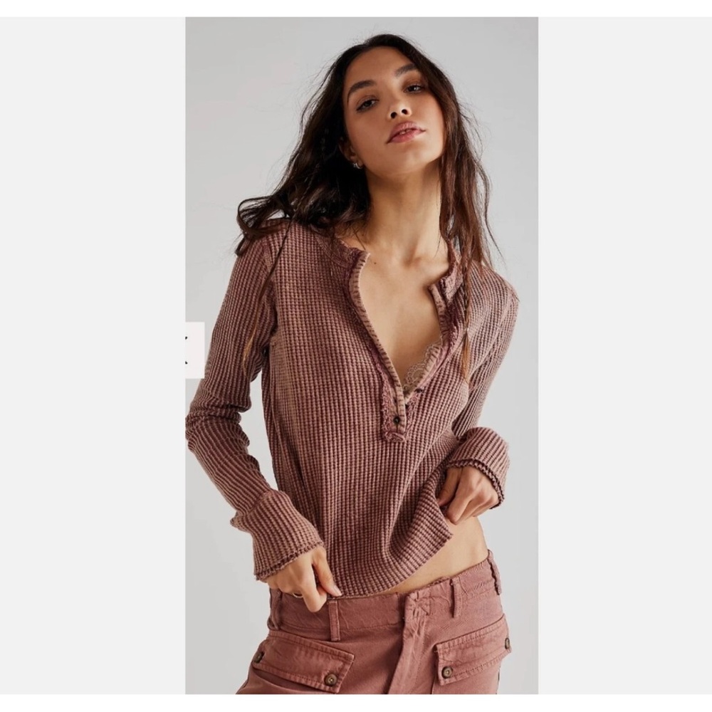 Free People Colt Thermal Long Sleeve Venetian Red Henley Sweat Shirt Womens XS